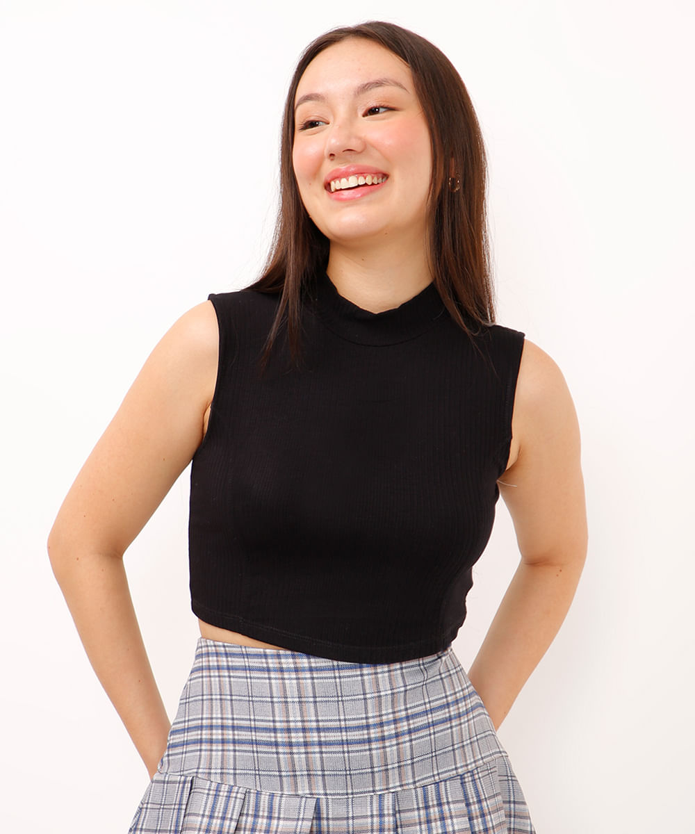 blusa juvenil de viscose gola alta canelada  preto