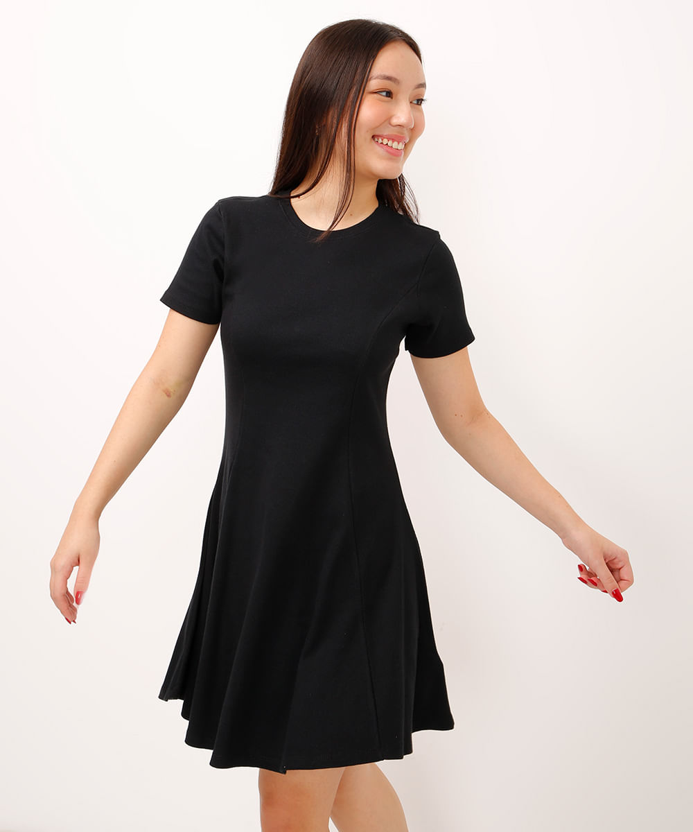 vestido de algodão evasê canelado manga curta preto
