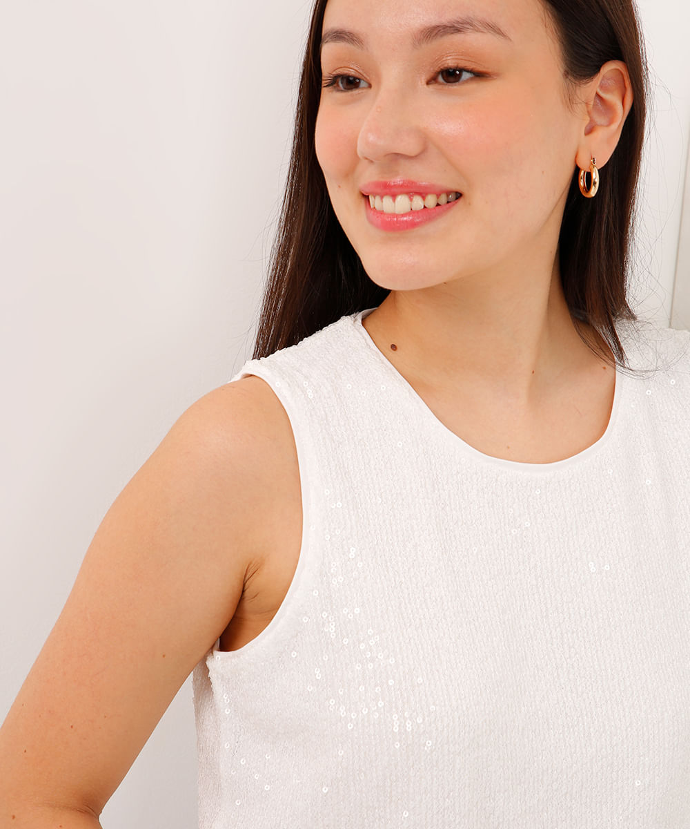blusa de paetê juvenil alça média off white