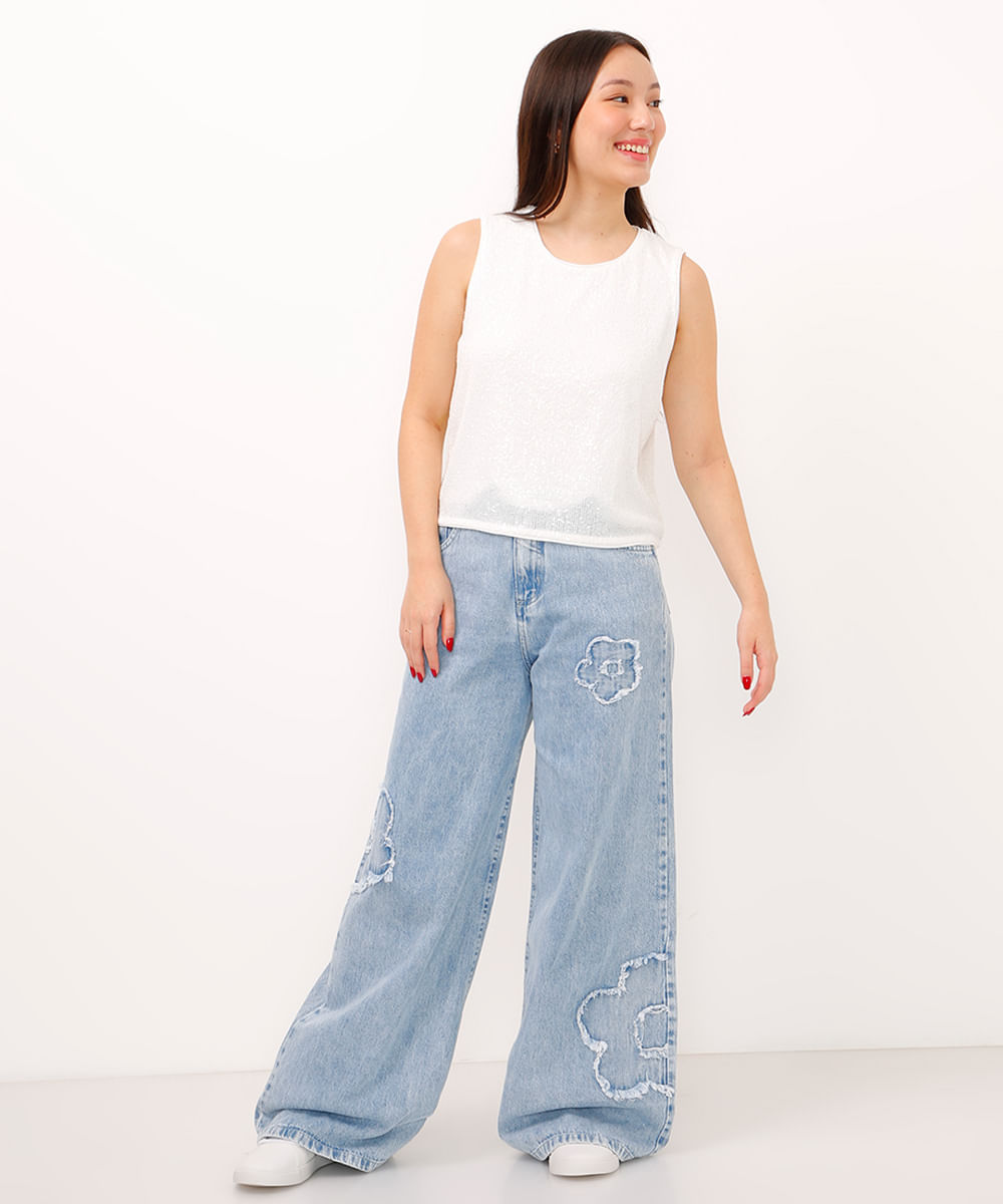 blusa de paetê juvenil alça média off white