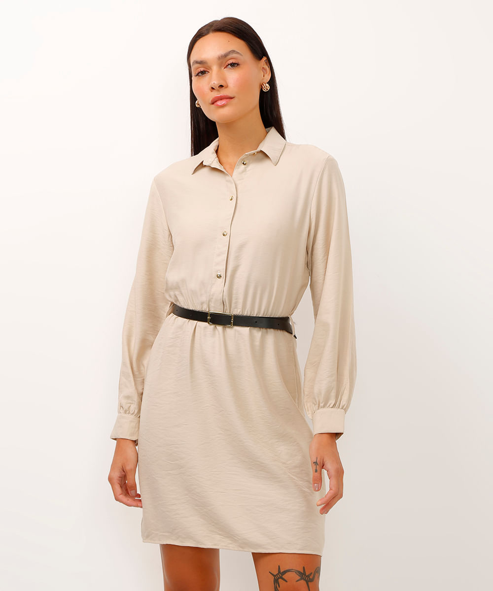 vestido chemise curto com cinto bege claro
