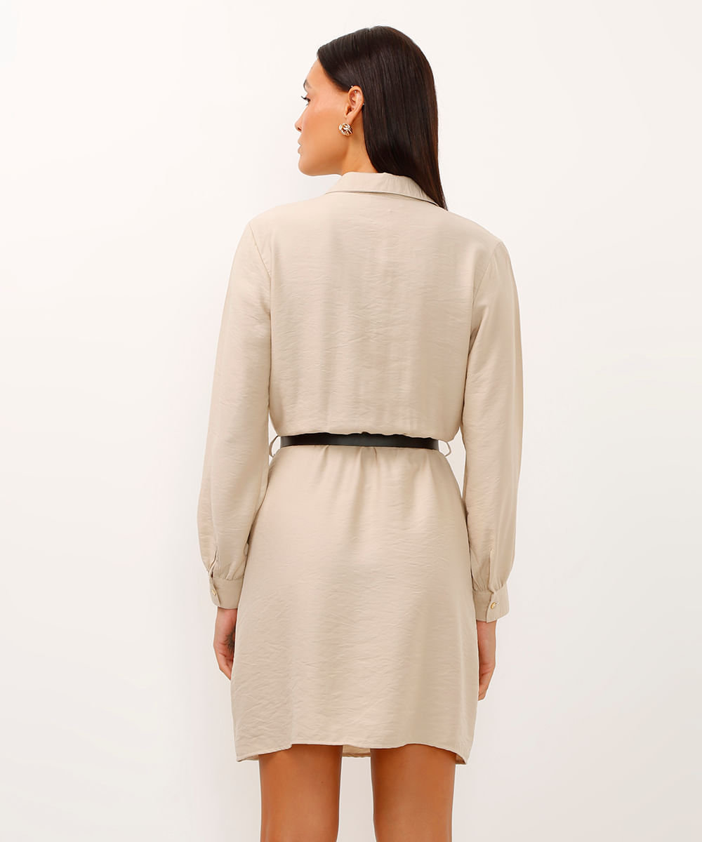 vestido chemise curto com cinto bege claro