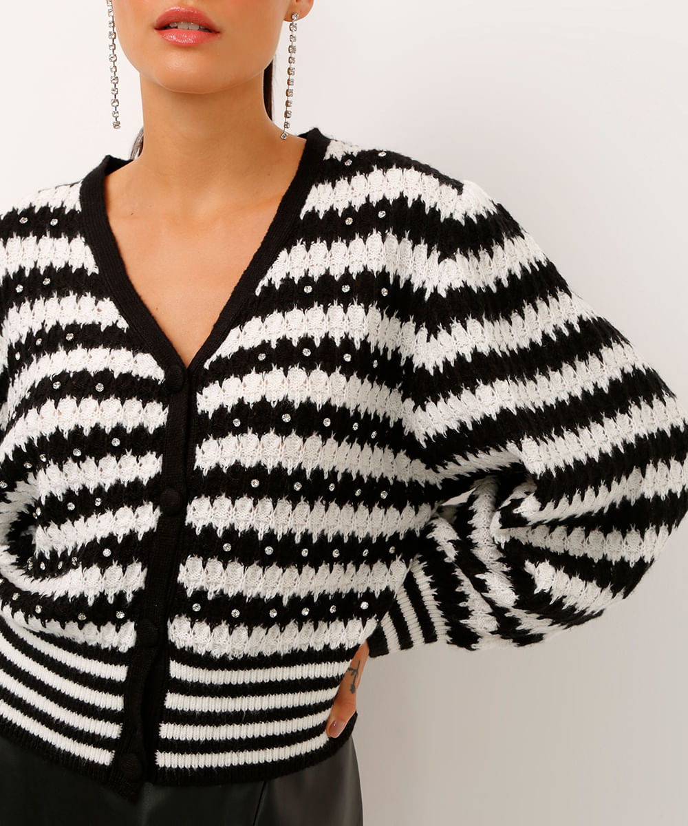 cardigan de tricot listrado com strass preto