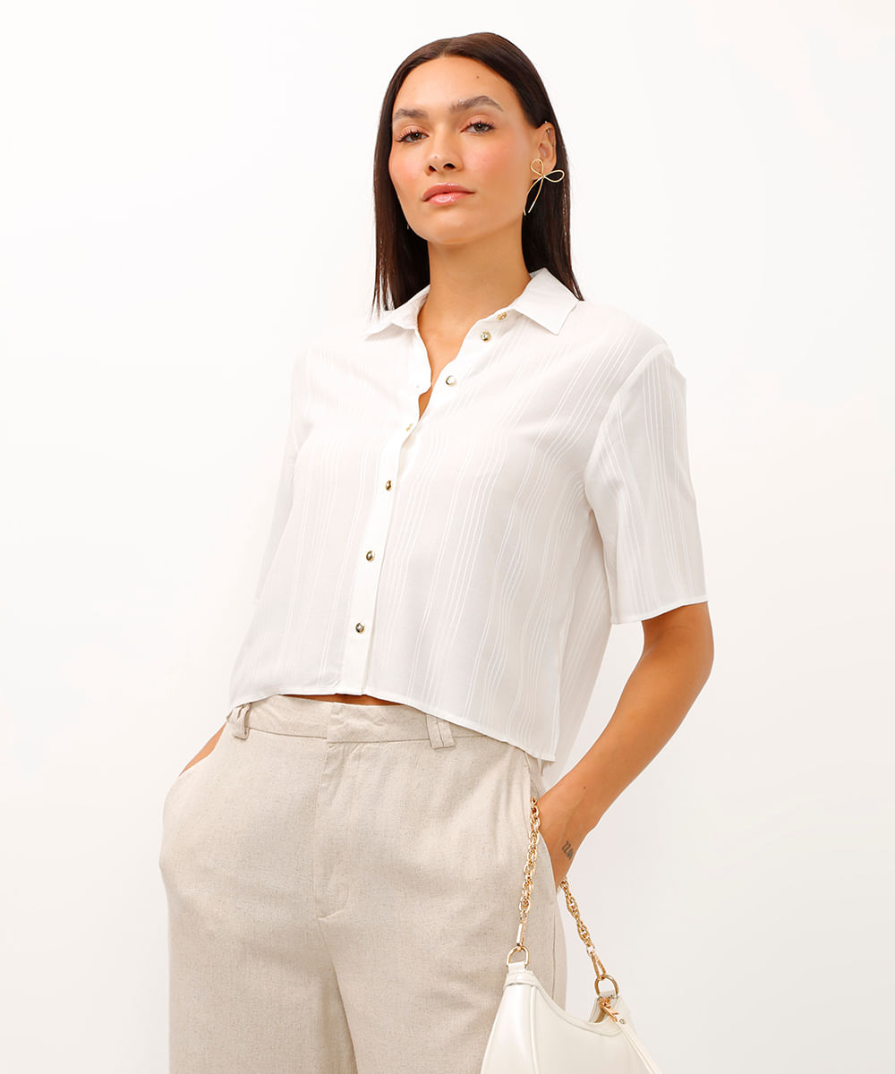 camisa de viscose listrada off white