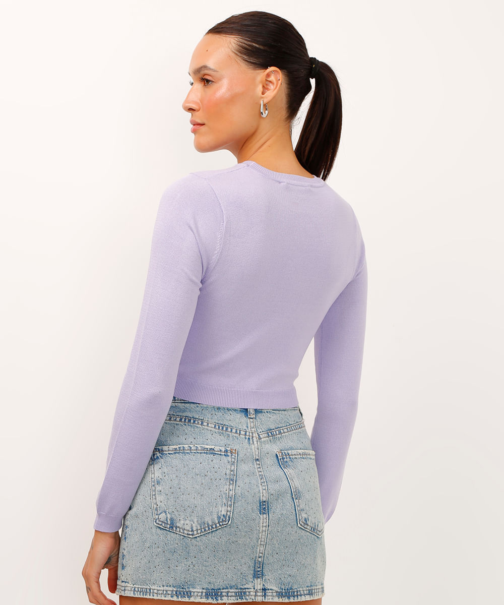 blusa cropped de tricot manga longa lilás