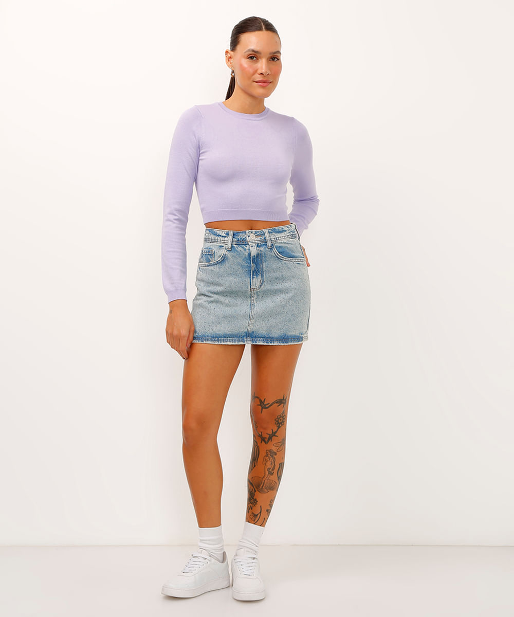 blusa cropped de tricot manga longa lilás