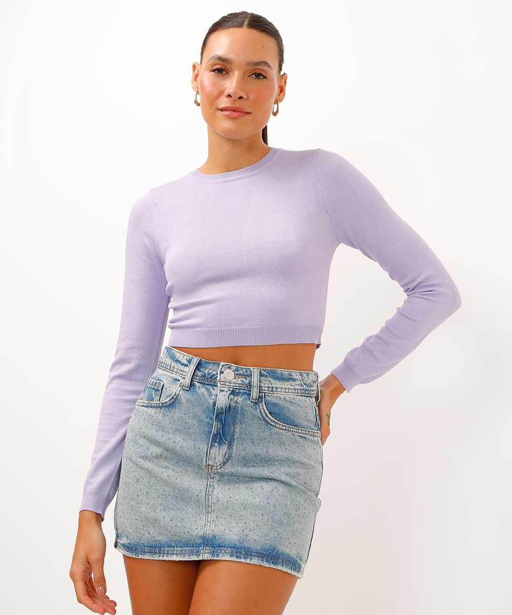 blusa cropped de tricot manga longa lilás