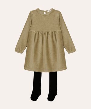 vestido de veludo cotelê infantil com meia calça verde militar