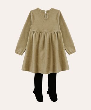 vestido de veludo cotelê infantil com meia calça verde militar