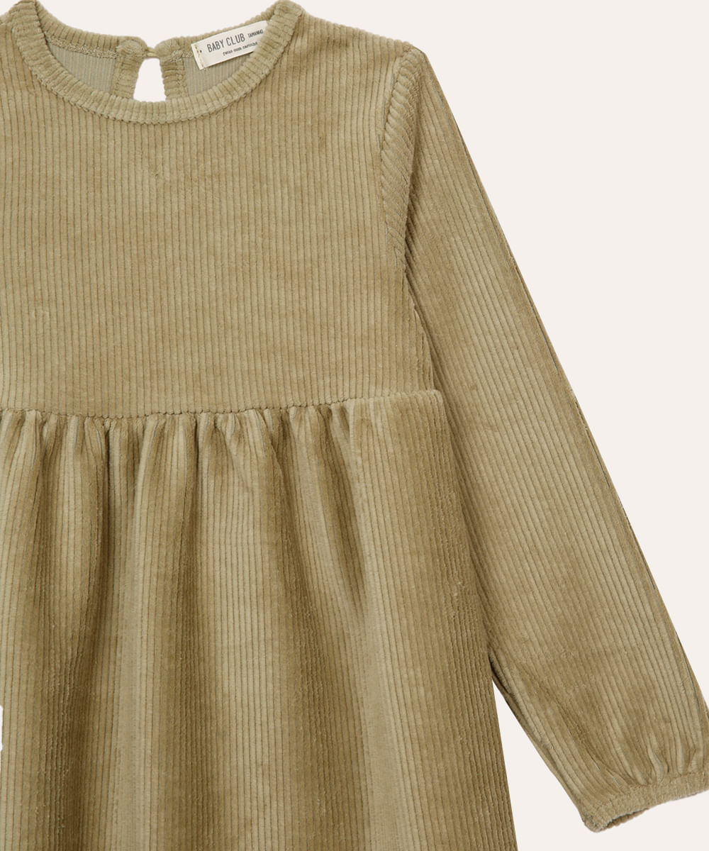vestido de veludo cotelê infantil com meia calça verde militar