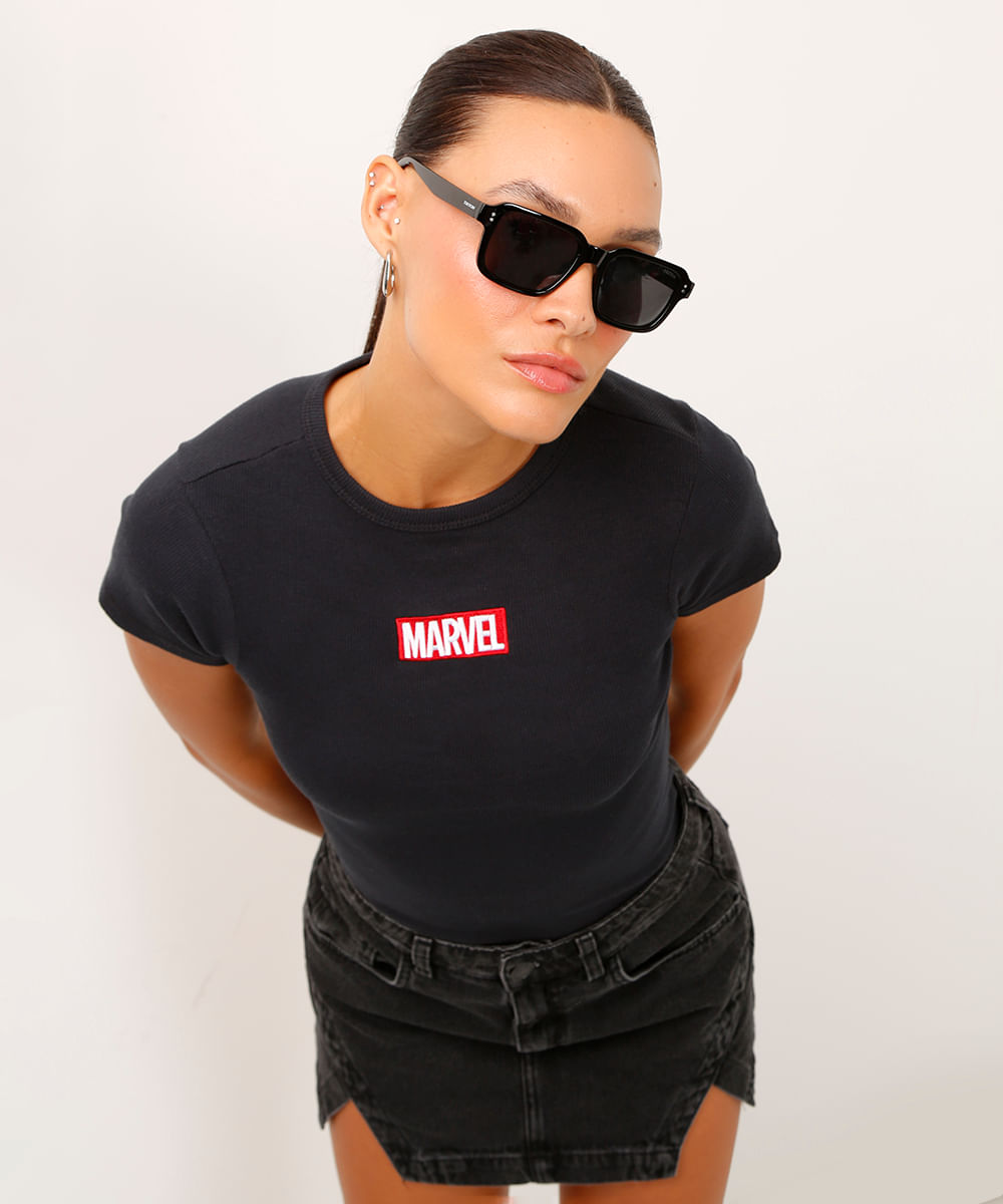 camiseta de algodão canelada marvel preta