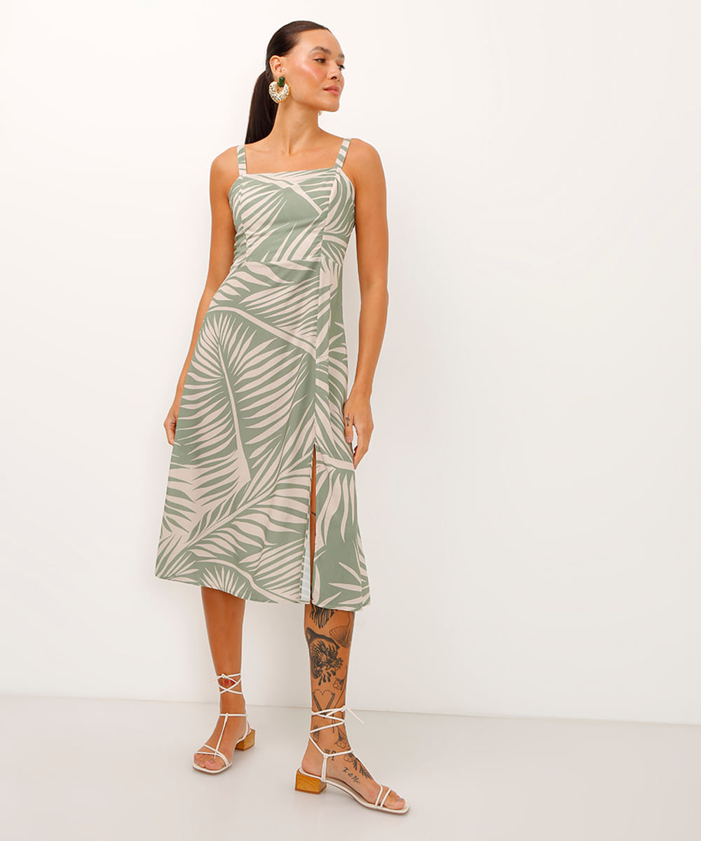 vestido midi de viscose folhagens verde