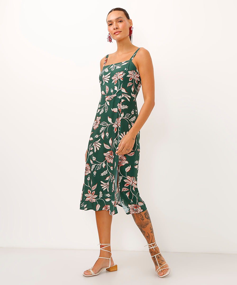 vestido midi de viscose floral com fenda verde