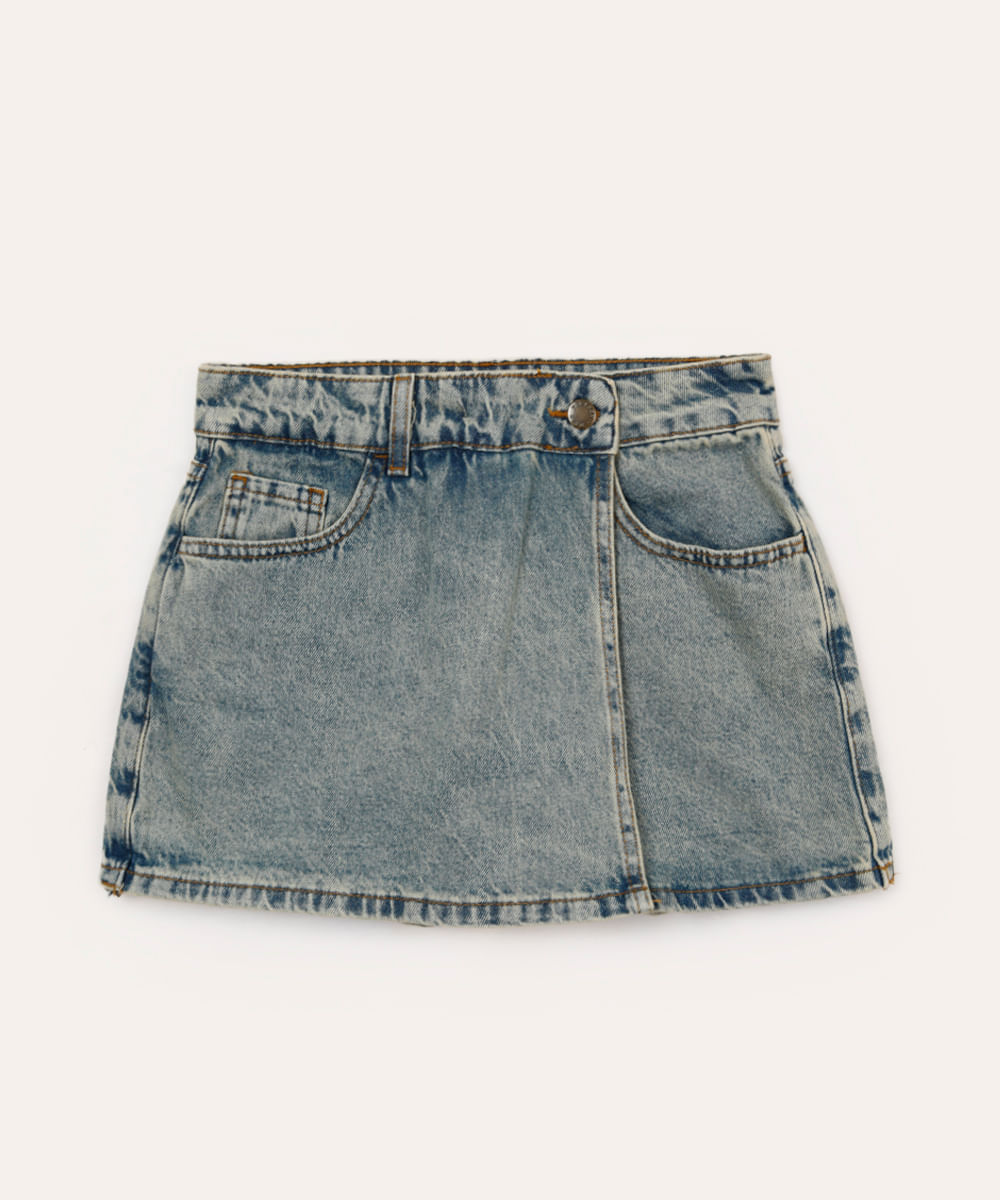 short saia transpassado juvenil com botão azul