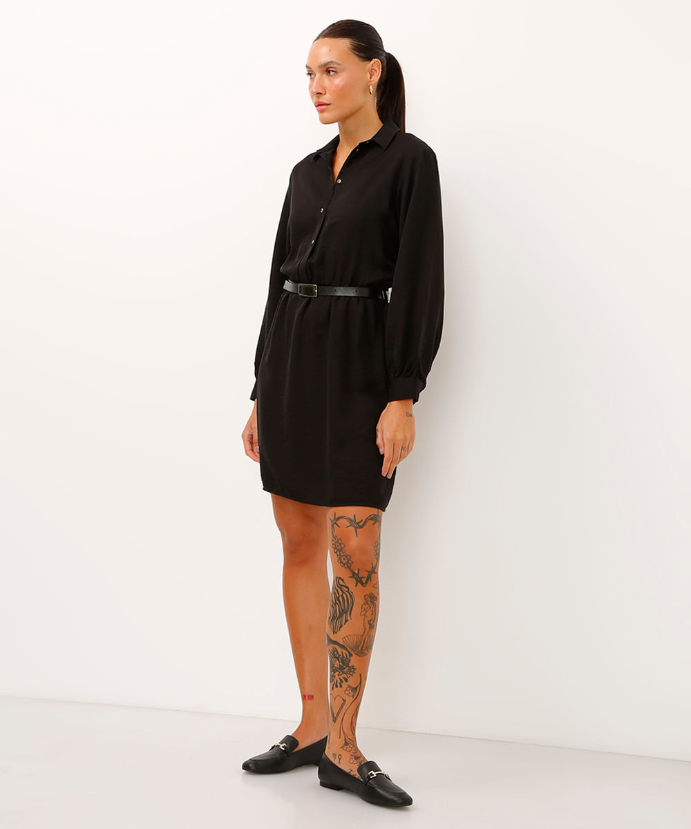 vestido chemise curto de viscose com cinto preto