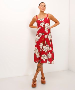 vestido midi de viscose floral vermelho