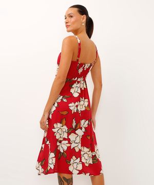 vestido midi de viscose floral vermelho