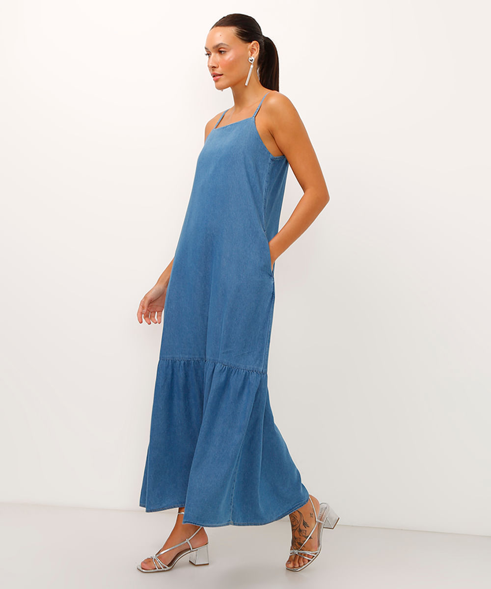 vestido jeans halterneck três marias com bolsos azul