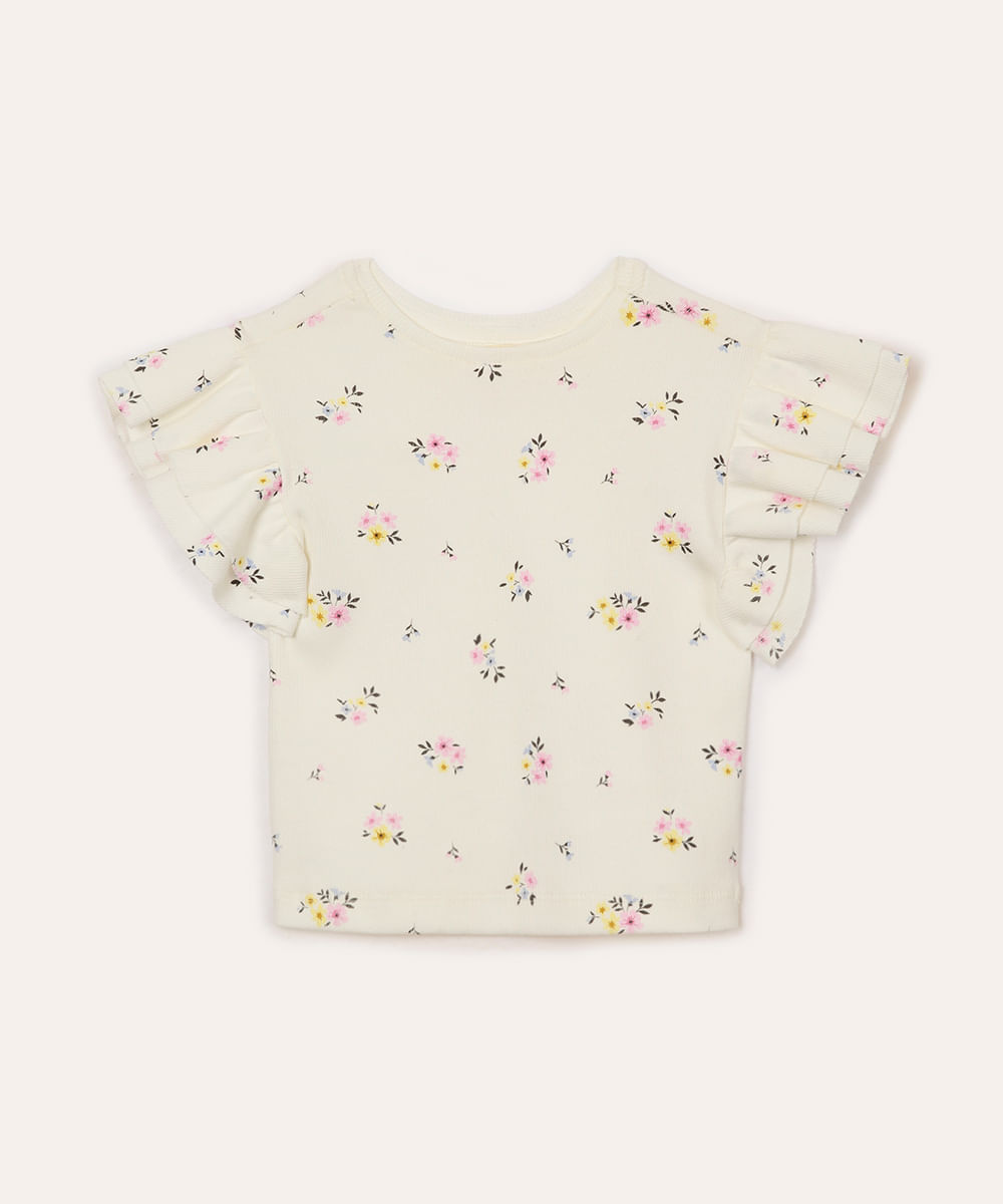 camiseta manga curta com babados floral infantil off white