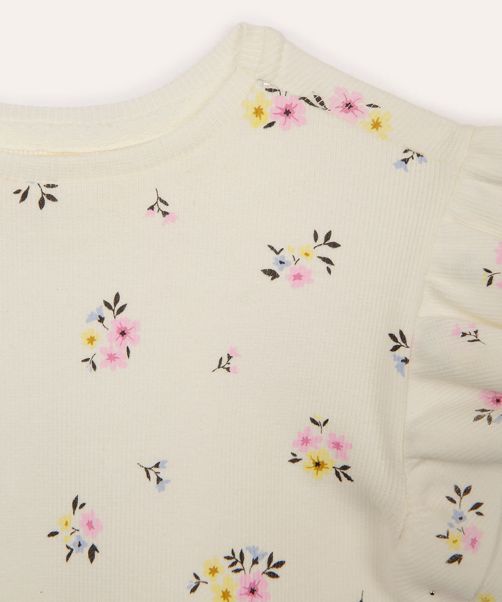 camiseta manga curta com babados floral infantil off white