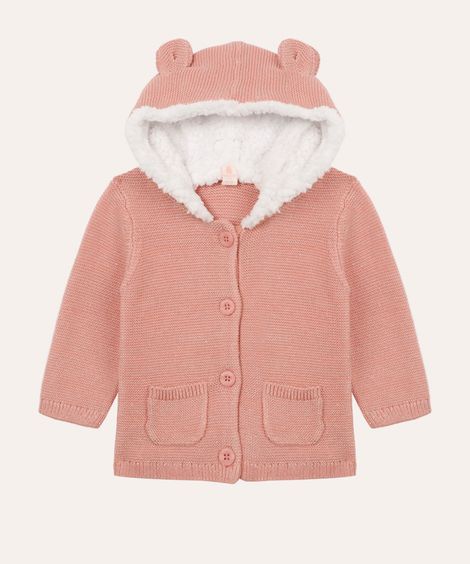 jaqueta de tricot capuz com orelhinha infantil rosa