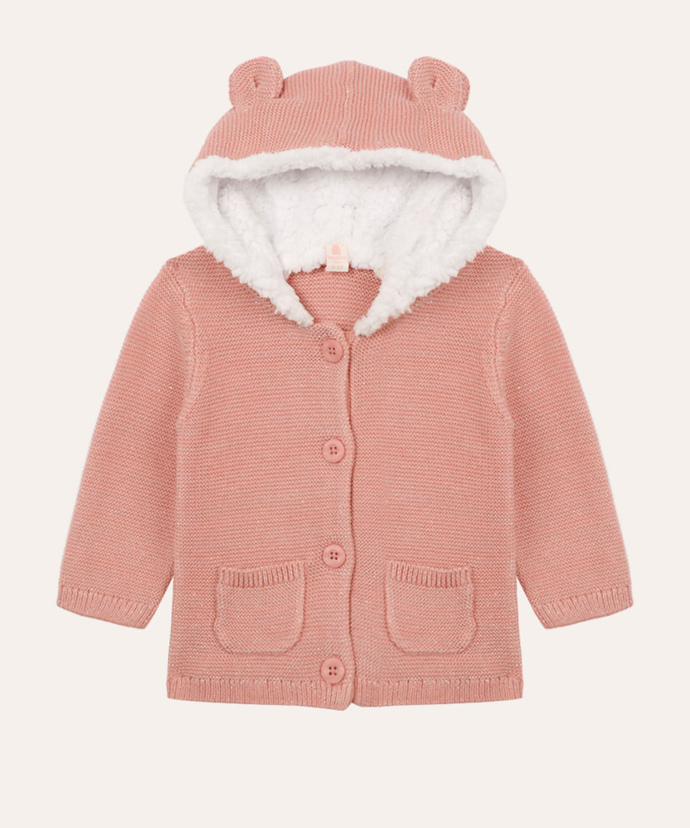 jaqueta de tricot capuz com orelhinha infantil rosa