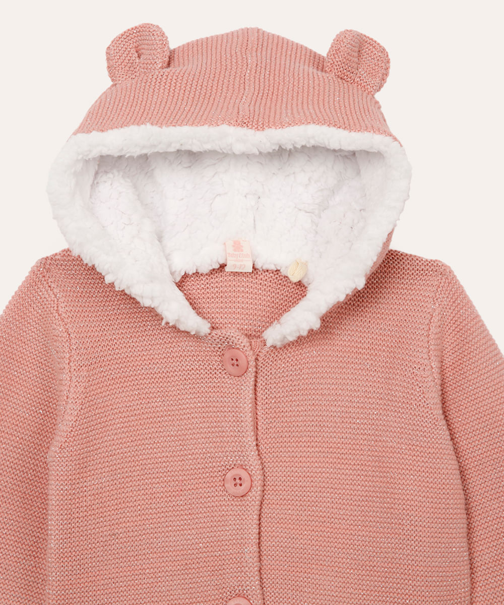 jaqueta de tricot capuz com orelhinha infantil rosa