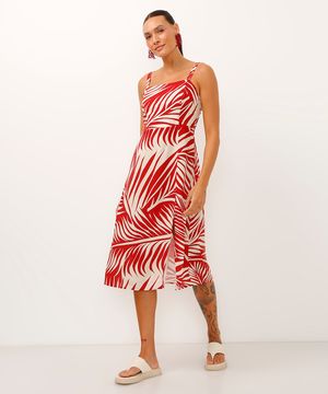 vestido midi de viscose folhagem vermelho