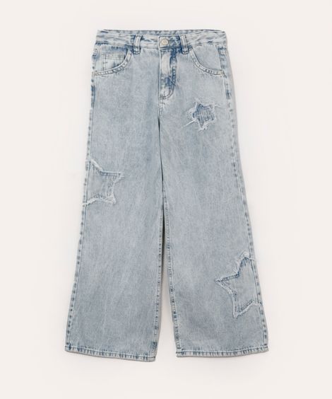calça wide leg jeans com estrelas juvenil azul
