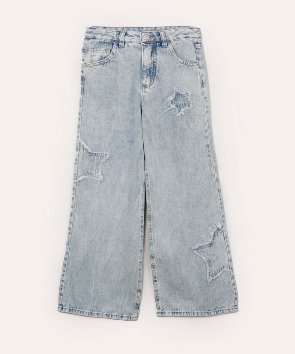 calça wide leg jeans com estrelas juvenil azul