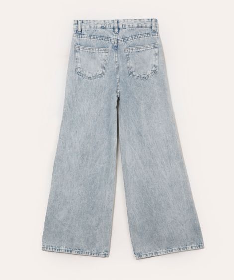 calça wide leg jeans com estrelas juvenil azul