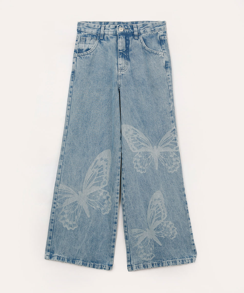 calça wide leg jeans juvenil borboleta azul