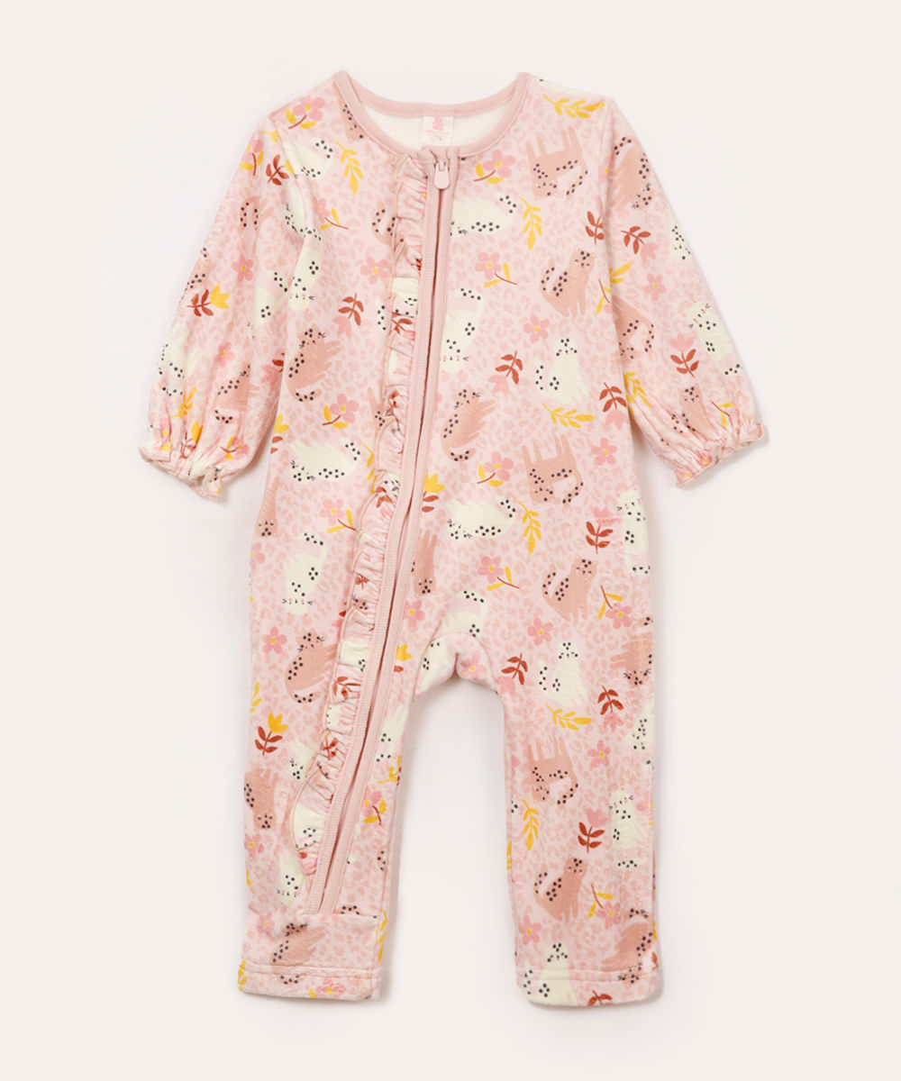 macacão de plush infantil floral com babado rosa