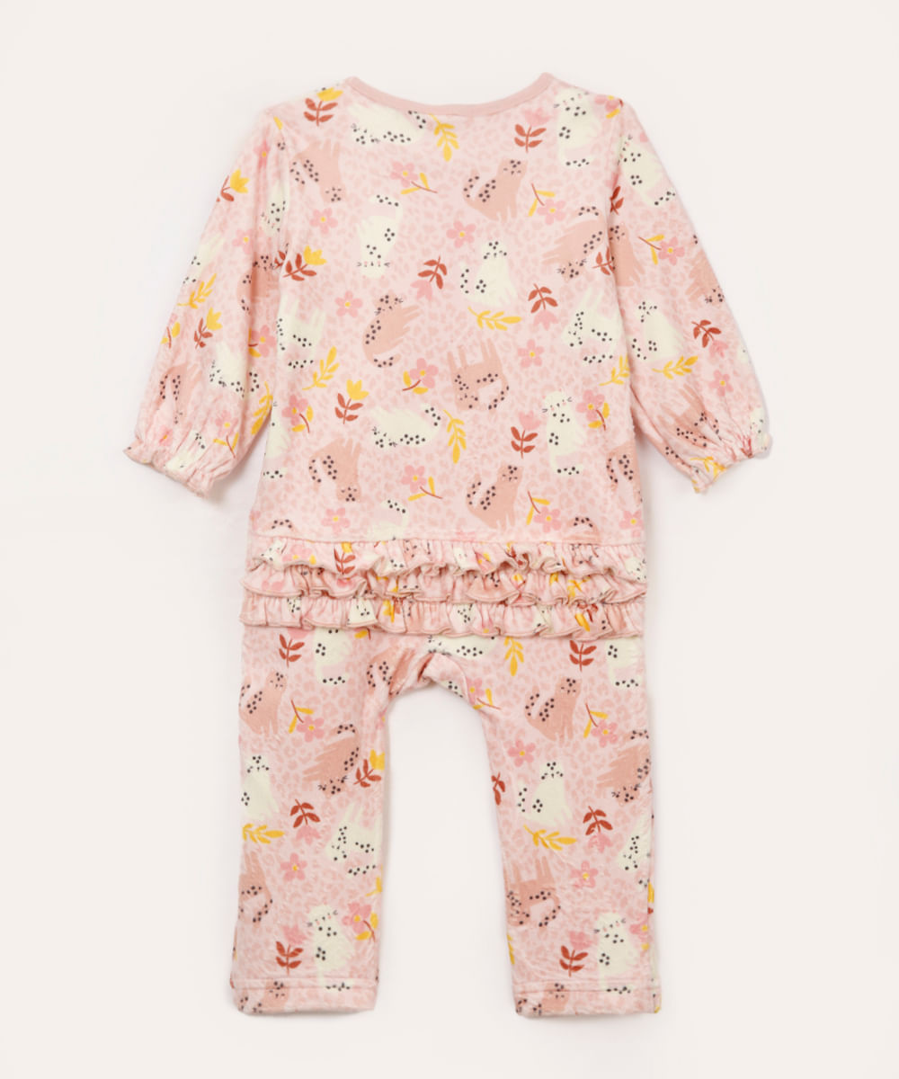 macacão de plush infantil floral com babado rosa