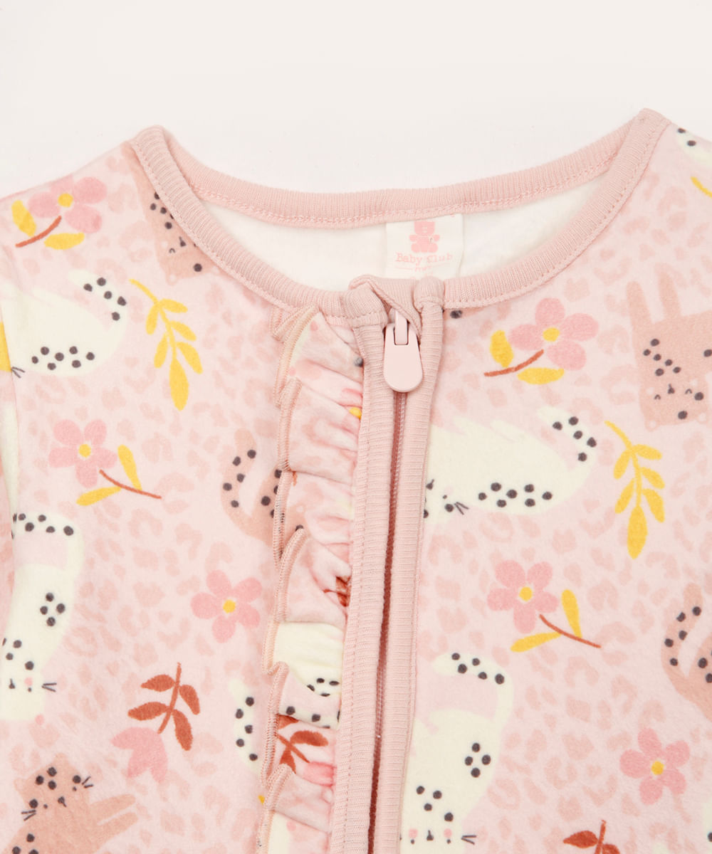 macacão de plush infantil floral com babado rosa