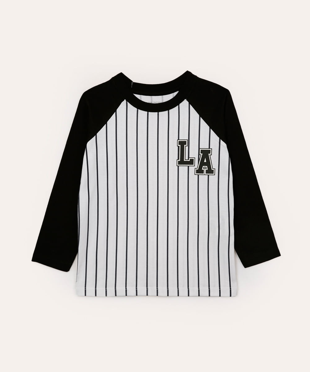 camiseta de algodão manga longa infantil listrada branca