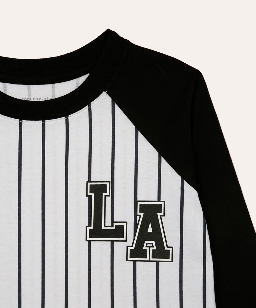 camiseta de algodão manga longa infantil listrada branca