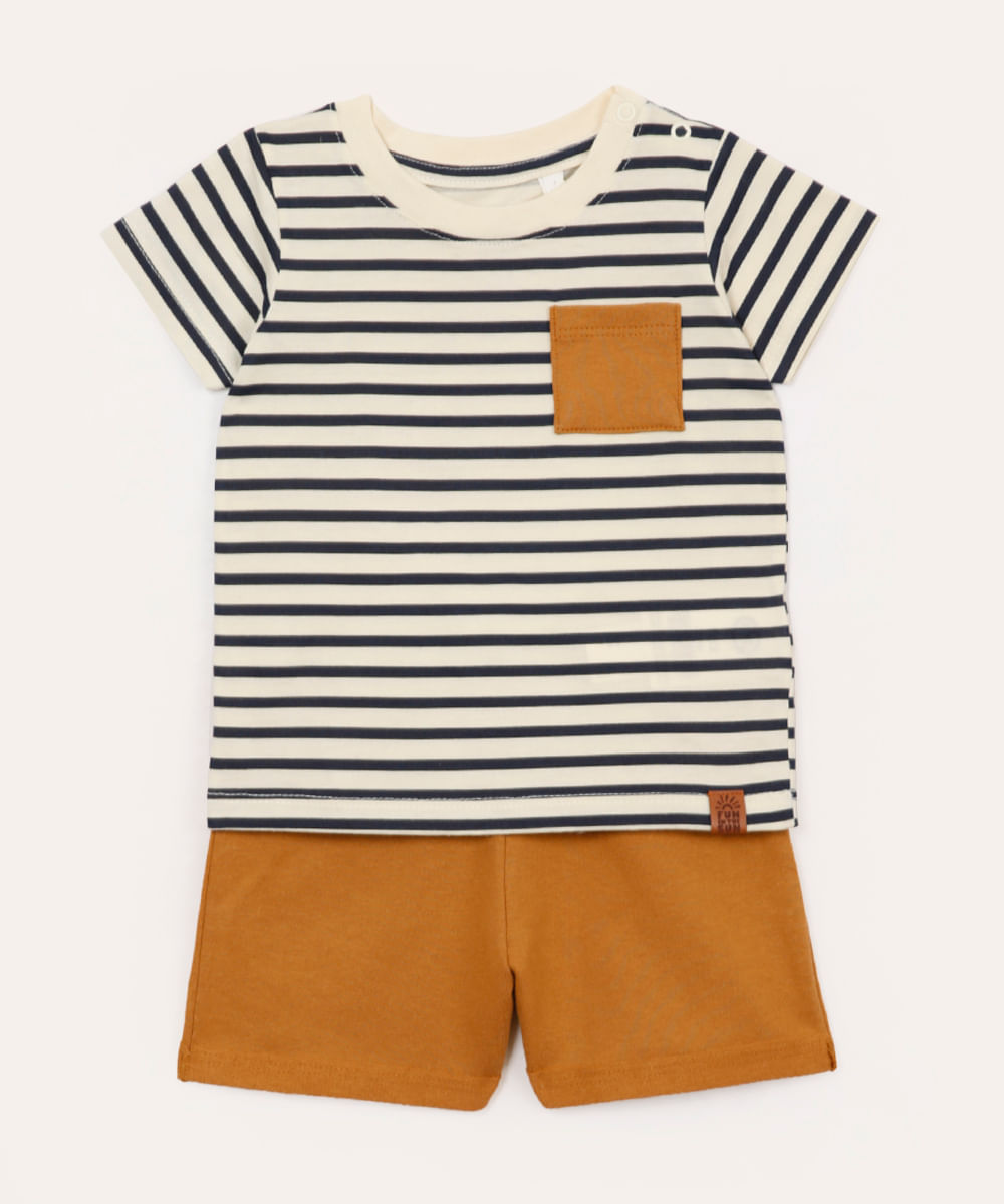 conjunto de algodão curto infantil listrado bege