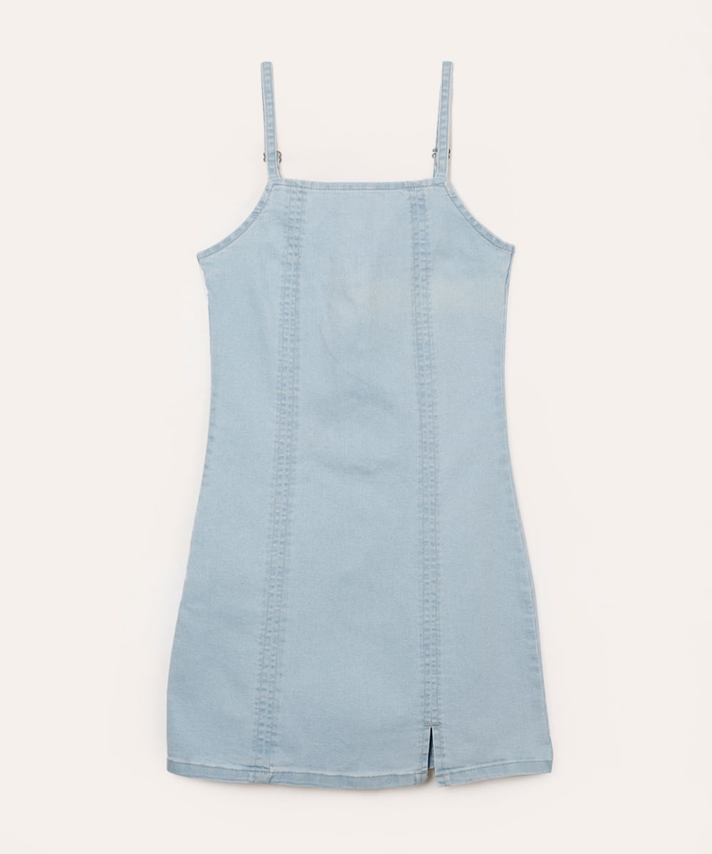 vestido curto jeans alça fina com fenda juvenil azul