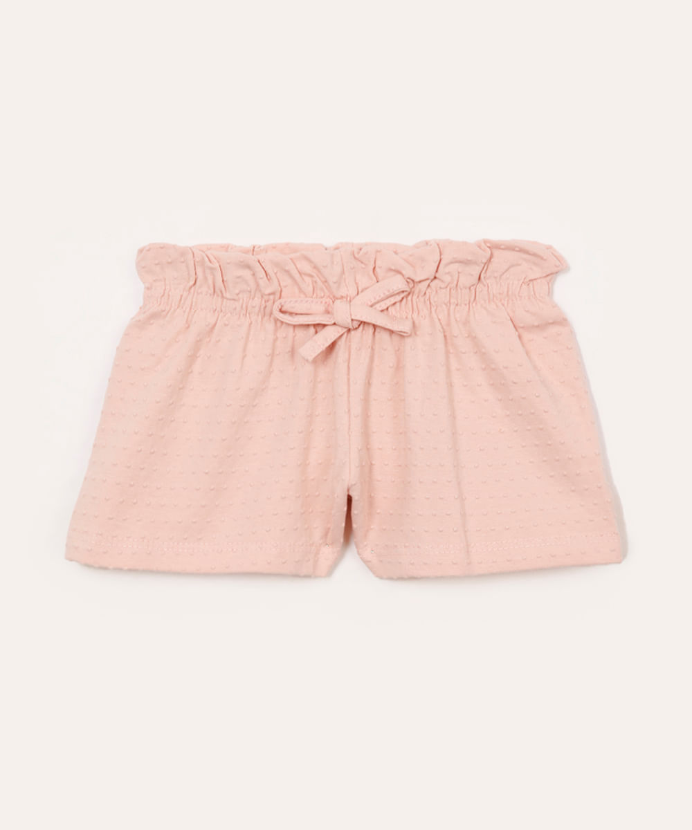 short de algodão infantil texturizado com elástico e cordão rosa