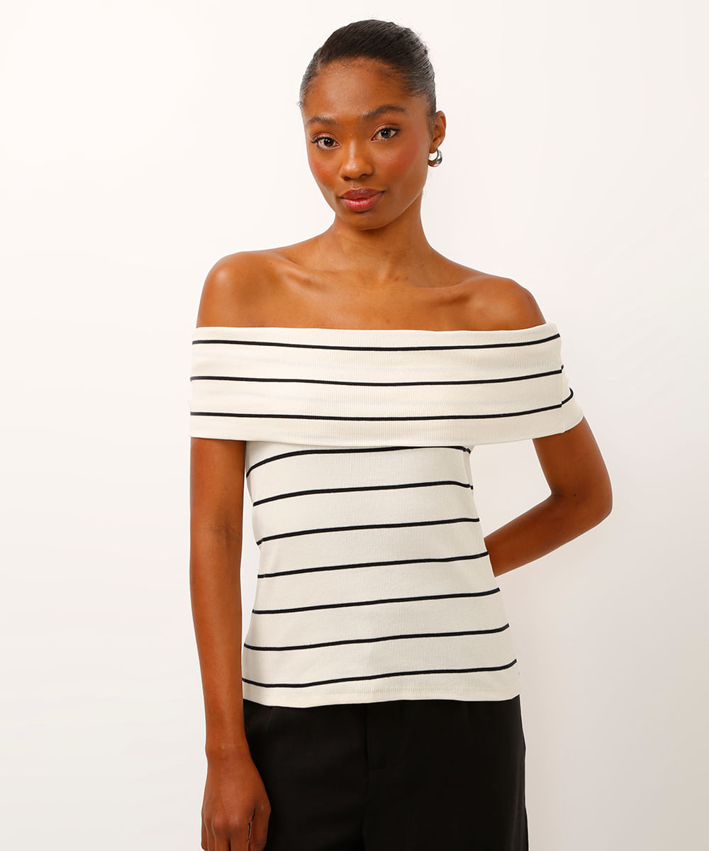 blusa de algodão listrada ombro a ombro bege
