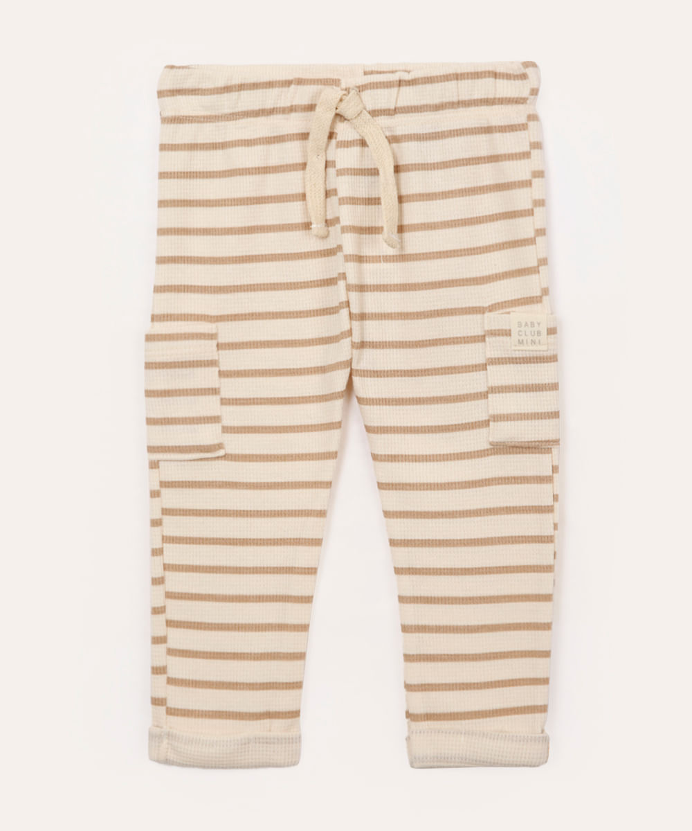 calça de algodão infantil listrada bege