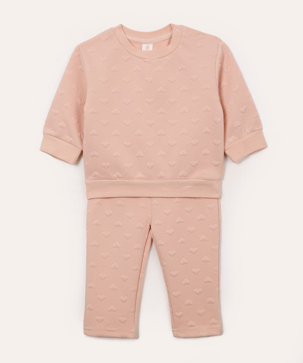 conjunto longo infantil coração texturizada rosa