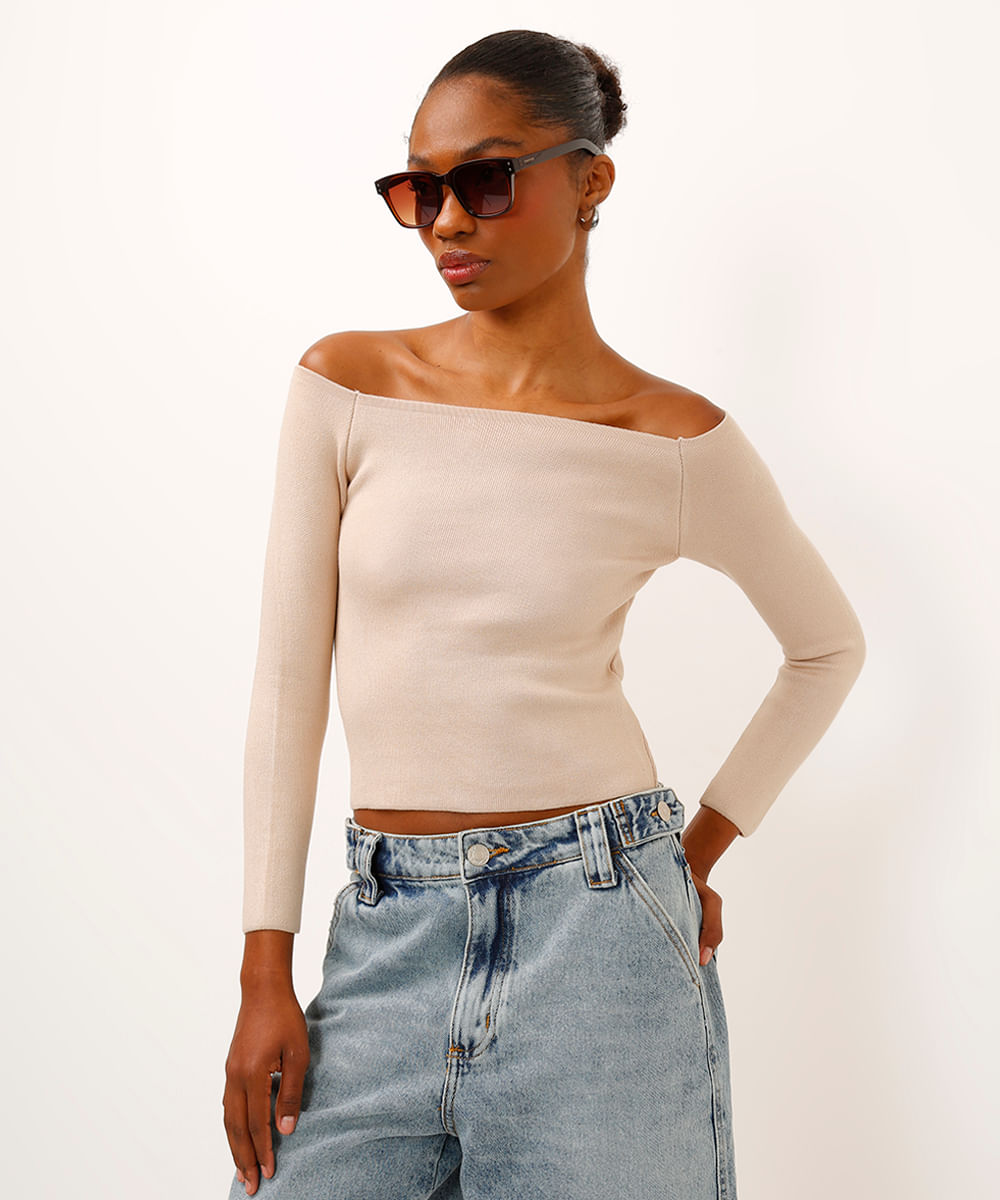blusa de tricot ombro a ombro manga longa bege