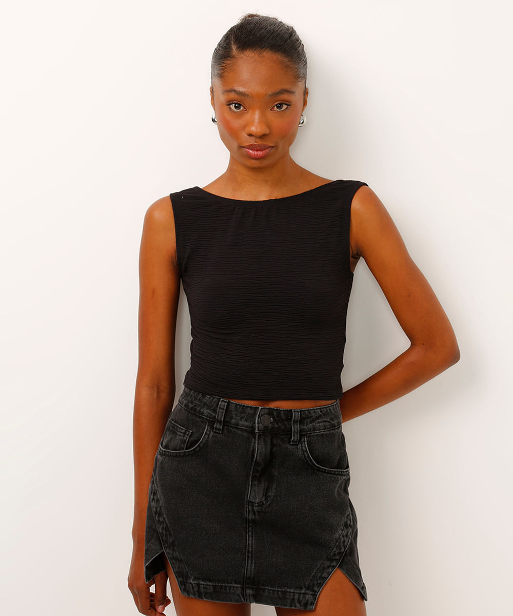 cropped long texturizado decote canoa preta