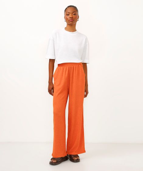 calça wide leg com bolsos texturizada laranja