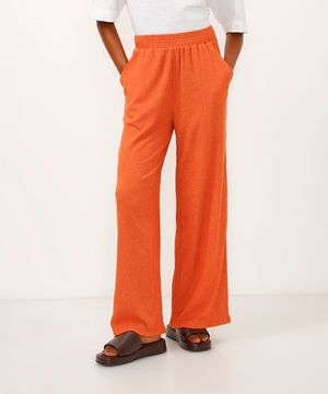 calça wide leg com bolsos texturizada laranja