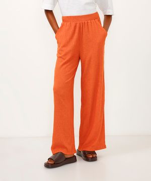 calça wide leg de malha texturizada laranja