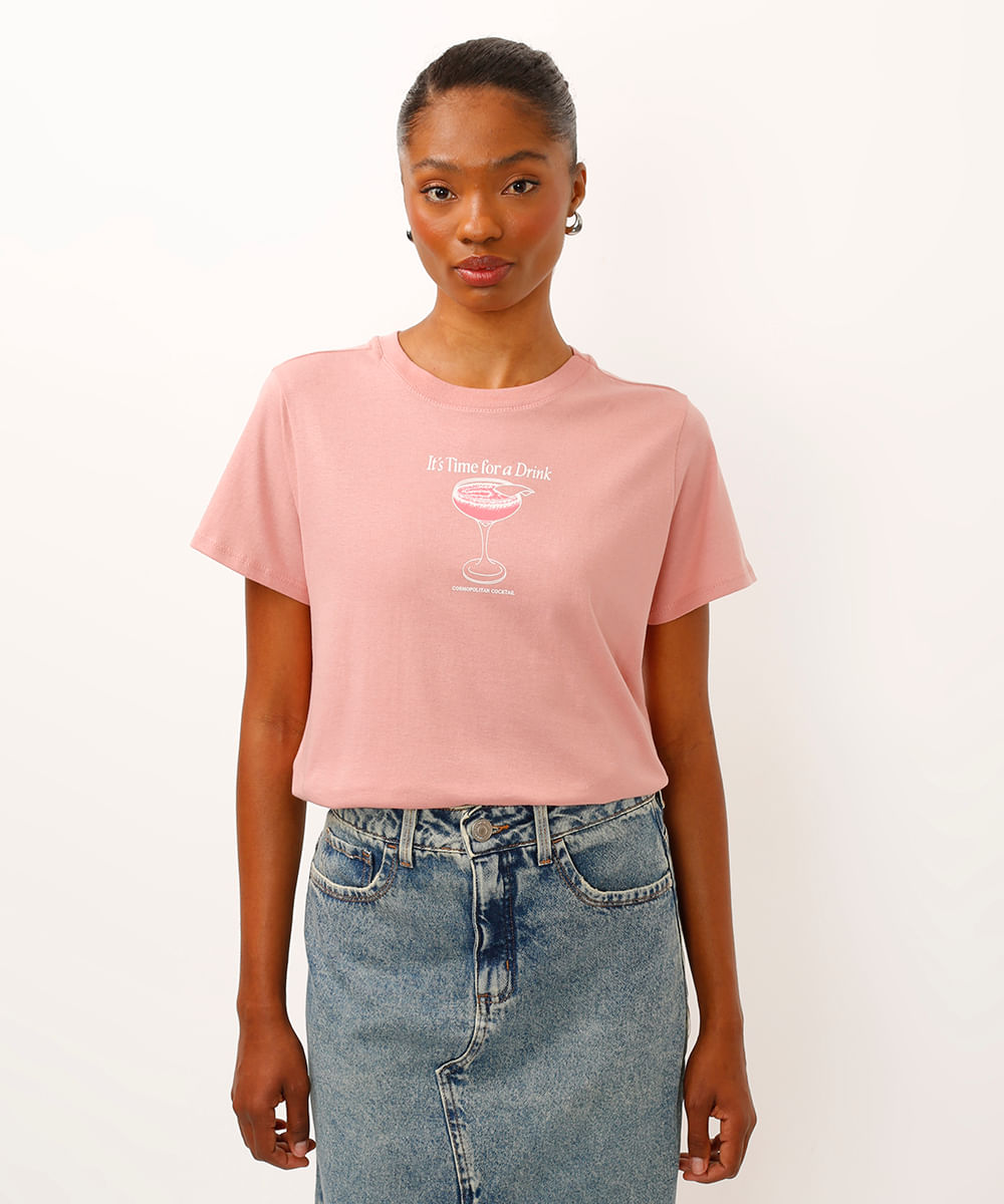 camiseta de algodão drink manga curta rosa