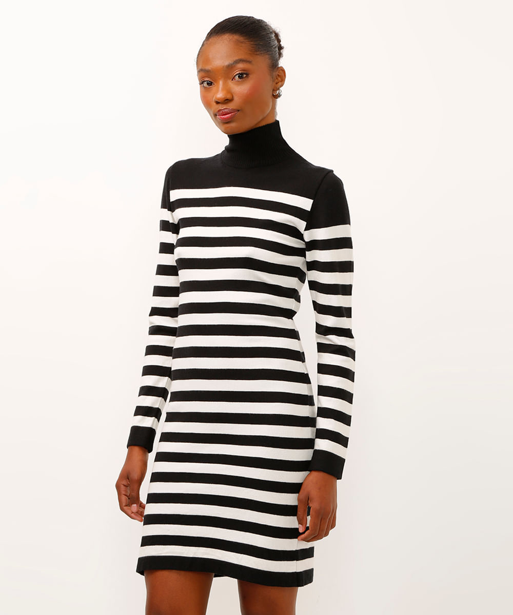 vestido curto de tricot gola alta manga longa listrado preto